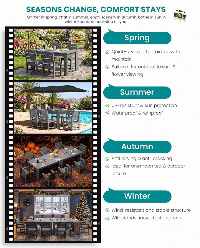 SERWALL 59" HDPE Outdoor Dining Set for 6, w/ 1 Table & 6 Armchairs, Gray | All Weather Resistant HDPE Dining Sets for Patio, Garden, Backyard