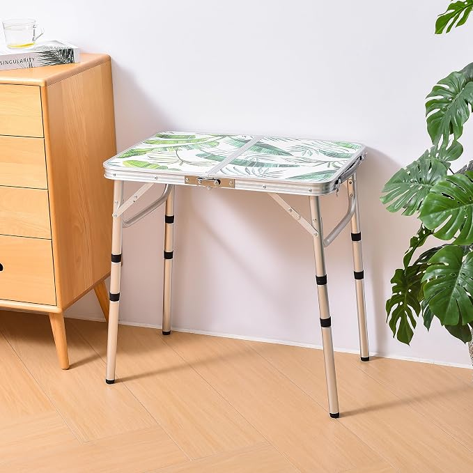 Folding Camping Table 2ft Portable Picnic Table Adjustable Height Small Card Table Aluminum Foldable Lightweight with Carry Handle for Outdoor Indoor Hiking Camp BBQ Beach (Monstera Palm Leaves)