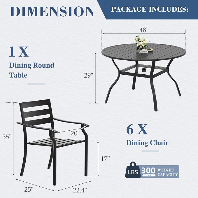HOMREST 7 Piece Outdoor Patio Dining Set for 6, 48" Round Metal Table with Umbrella Hole and Storage Shelf, Stackable Wrought Iron Chairs, Large Patio Furniture Set for Deck/Backyard/Poolside/Garden