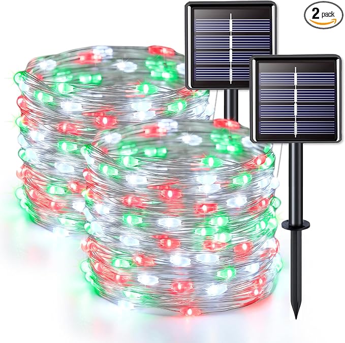 JMEXSUSS 2 Pack Solar Fairy Lights, Each 33FT 100 LED, Red White and Green | Outdoor Waterproof, 8 Modes Solar String Lights for Outside Garden Yard Patio Christmas Decorations