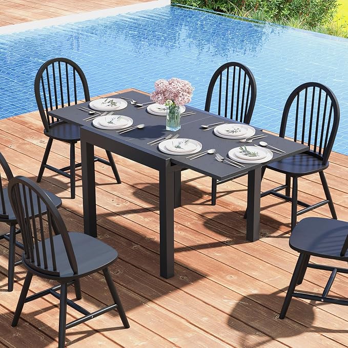 Tangkula 31.5"-63" Extendable Patio Dining Table, Aluminum Adjustable Outdoor Dining Table for 4-6 People, L-Shaped Brace Included for Fixation, Space-Saving Outside Table for Garden, Porch, Poolside