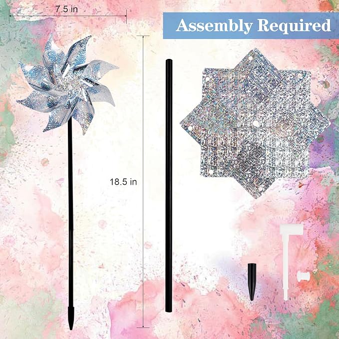 Hausse 10 Pack Reflective Pinwheels with Stakes (Assembly Required), Extra Sparkly Pin Wheel for Garden Decor, Bird Repellent Devices Deterrent to Scare Birds Away from Yard Patio Farm