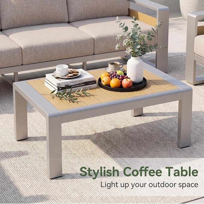 Aoxun Outdoor Aluminum Coffee Table for Patio Furniture Set, Rectangle Outdoor Coffee Table, All-Weather Patio Metal Coffee Table for Balcony, Garden, Deck, Backyard, Dark Grey