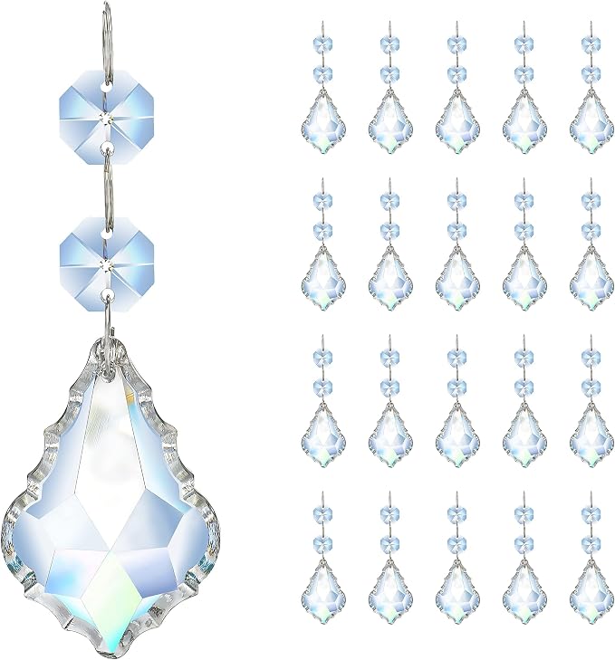 20PCS Clear Crystal Suncatcher Prisms, 63mm Chandelier Replacement Pendants | Maple Leaf Chandelier Prisms Connected Glass Octagon Beads for Lamp, Windows Wedding Party Christmas Tree Home Decor Gifts