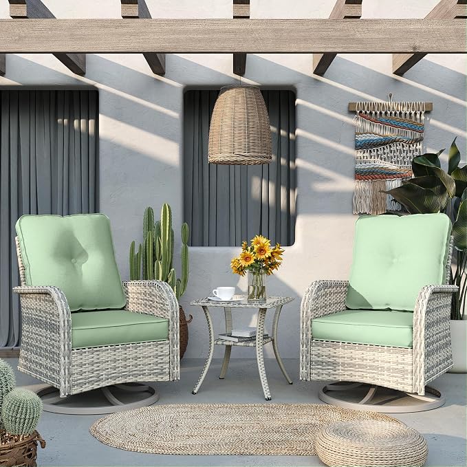 6-Piece Patio Rocking Swivel Chair Outdoor Wicker Rattan Bistro Set with Tempered Glass Side Table, Outdoor Patio Furniture Set for Garden, Deck, and Balcony, Light Green