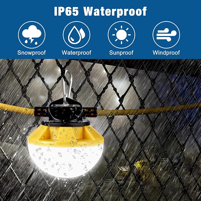 LED Construction String Light 50FT, 50W 6000Lm,18AWG Wire,5000K Linkable String Work Lights with 5 Bulbs & Hooks, Industrial Temporary Lighting for Construction Site, Crawl Space,Job Site,Attic