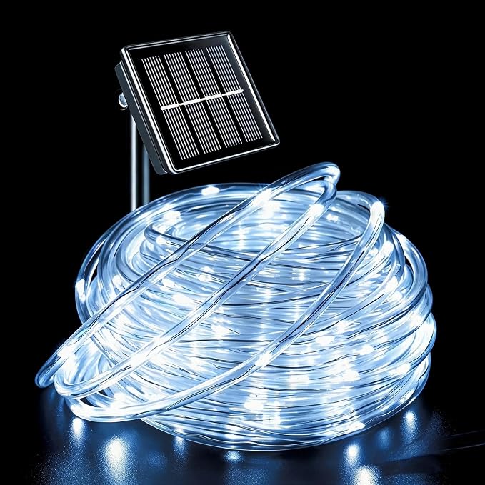 QITONG Solar Rope Lights Outdoor Waterproof, 66ft 200 LED String Lights, 8 Modes Fairy Lights in Clear Thin Tube (White)