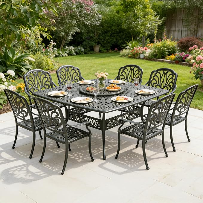 MEETWARM Outdoor 64" Square Patio Dining Table with Detachable Lazy Susan, All Weather Cast Aluminum Large Patio Furniture Table Set for 8 Seat with 24" Rotating Tray, Umbrella Hole, Dark Bronze