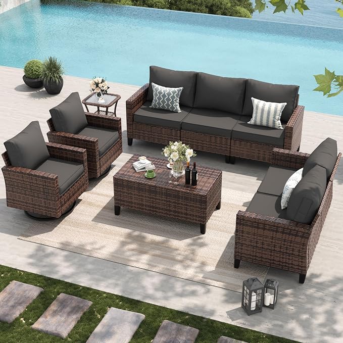 Amopatio Patio Furniture Set, Wicker Outdoor Sectional Sofa with Swivel Rocker Chairs, All-Weather Rattan Conversation Set, Storage Coffee Table, Waterproof Cover for Backyard, Deck Brown/Grey 6 PCS