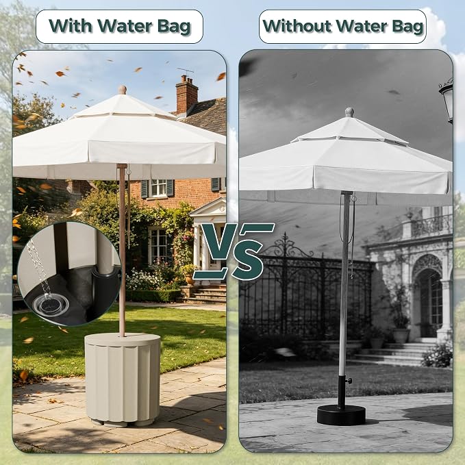 Umbrella Side Table, Outdoor Sturdy 2-in-1 Umbrella Base & Side Table, Wind-Resistant with Leak-Proof Water Bladder, Patio in Pool Umbrella Stand, No Rust Stains, Easy Assembly, Beige