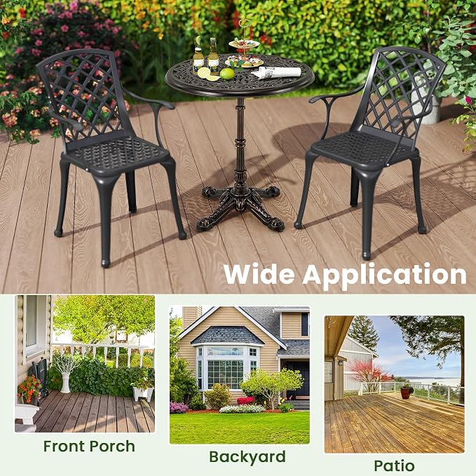 HAPPYGRILL Outdoor Dining Table 27", Cast Aluminum Patio Table with Hollowed-Out Tabletop, Carved Cross Base, Round Outdoor Side Table for Yard, Balcony, Garden, Poolside