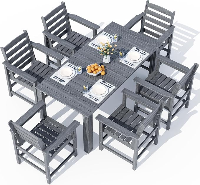 Outdoor HDPE Dining Table Set, 7-Piece Outdoor Dining Table Sets, Wood Grain Patio Furniture Sets with Umbrella Hole for Porch, Backyard, Gray