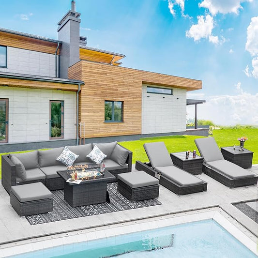BULEXYARD 11 Piece Large High Back Grey Rattan Patio Furniture Sets with Firepit Table and Loungers, Comfortable Extra Deep Wide Seat Outdoor Sectional Conversation Couch Sofa Modualr, Light Gray