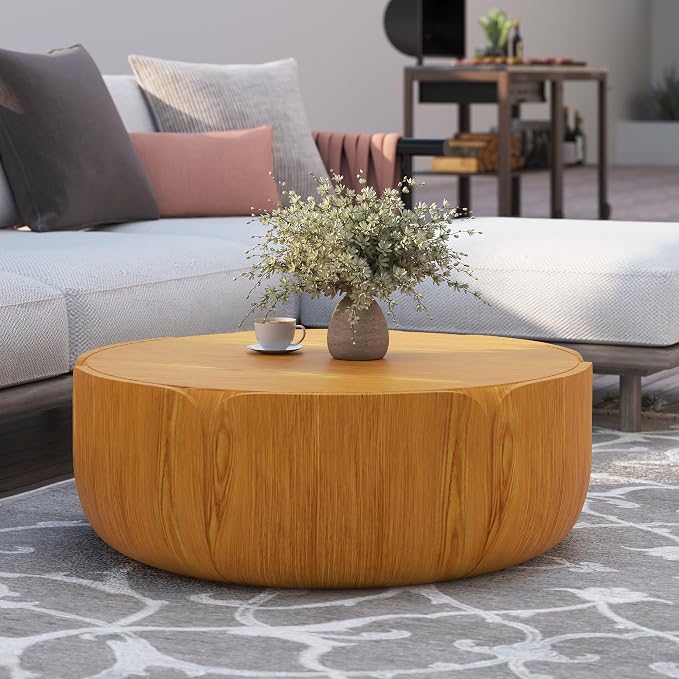 35.63" Round Outdoor Indoor Coffee Table - Modern Wood Grain Drum Center Table, Sturdy MGO Waterproof, No-Assembly Table for Patio, Garden, Backyard, Living Room
