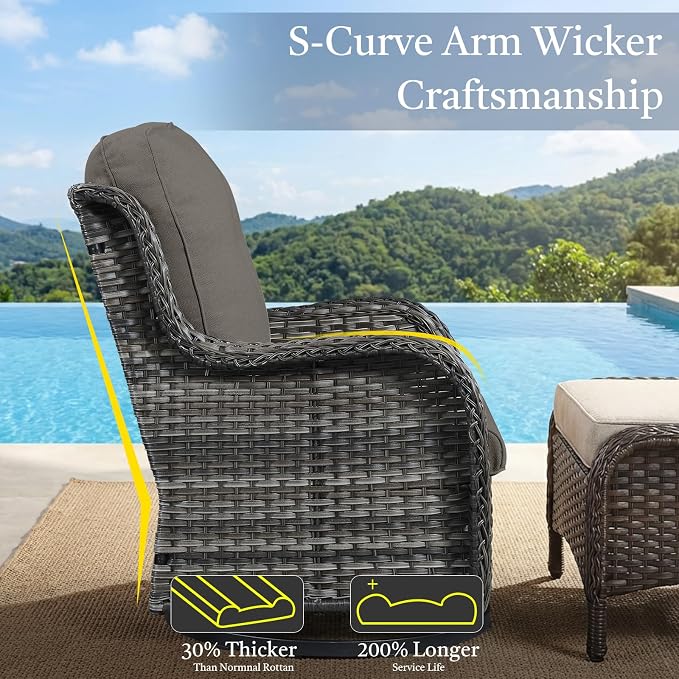 Outdoor Patio Furniture Set-5 Piece Outdoor Swivel Rocker Chairs with Ottomans Patio Furniture Set for Deck Balcony Poolside Backyard-Grey/Grey