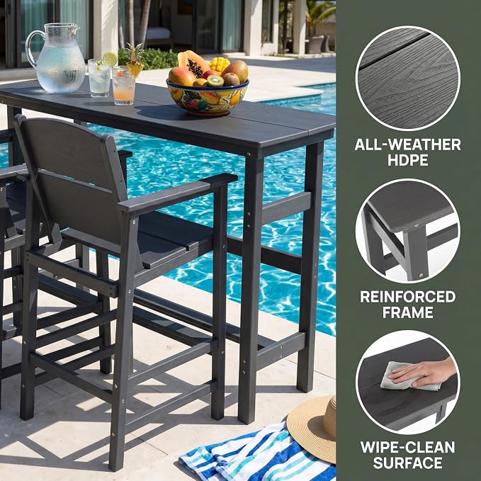 Outdoor Bar Table, HDPE Patio Pub Table, Weather-Resistant Tall Console Table for Backyard, Balcony & Garden, Durable All-Weather High Top Table, Easy Maintenance,Grey