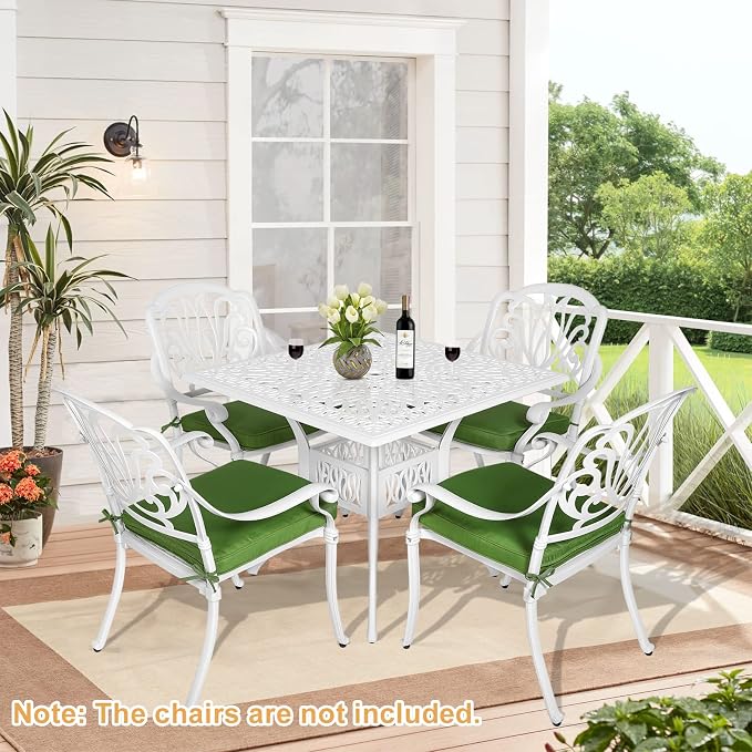 Outdoor Cast Aluminum Patio Table, 35.4” Square Bistro Table with 2.2’’ Umbrella Hole for Patio Furniture Garden Deck Backyard, White