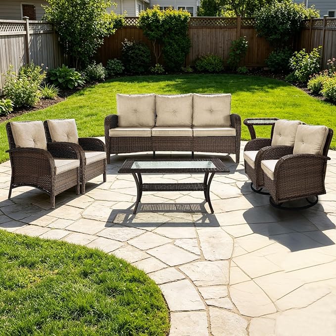 Outdoor Swivel Rocker Patio Chairs (Brown Wicker/Khaki Cushion, 7PC/Sofa & Swivel & Chair &2 Table)