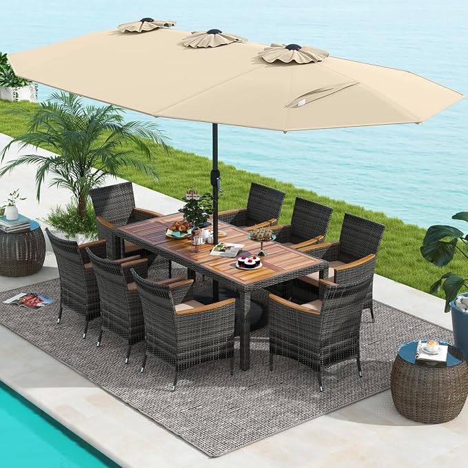Tangkula 10 Pieces Patio Wicker Dining Set w/Double-Sided Patio Umbrella, Outdoor Acacia Wood Furniture Set w/ 8 Armchairs, 71” Dining Table & 15 ft Umbrella with Weighted Base (Beige)