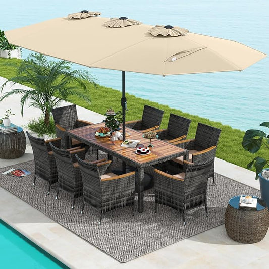 Tangkula 10 Pieces Patio Wicker Dining Set w/Double-Sided Patio Umbrella, Outdoor Acacia Wood Furniture Set w/ 8 Armchairs, 71” Dining Table & 15 ft Umbrella with Weighted Base (Beige)