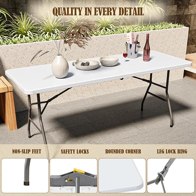 6FT Folding Picnic Table for Outdoor, No Assembly Required Portable, White Foldable Table for Camping, Parties, with Carrying Handle (White, 1 Pack)