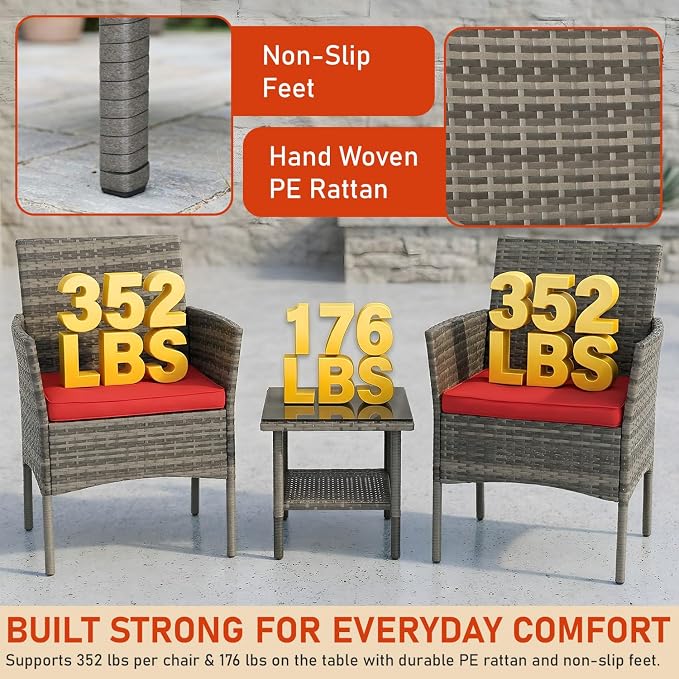 3 Pieces Patio Furniture Outdoor Bistro Set Outdoor&Indoor Conversation Set Coffee Table Chairs Set for 2 with Water-Resistant Cushions for Lawn Yard Garden Porch Balcony and Pool,Grey and Red