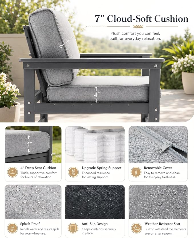 HDPE Outdoor Patio Furniture Set with Cushions, 4 Piece Patio Conversation Set Sofa Set,All Weather Outdoor Couch Set with Coffee Table for Lawn, Garden, Deck