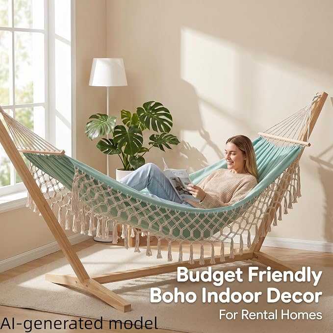 Bohemian Canvas Hammock with Tassels, Mint Green, 79"x39" | Soft Breathable Cotton Canvas Hammock,79x39in,2 Hanging Straps Wooden Bar;3 colors,compact for students renters dorm balcony