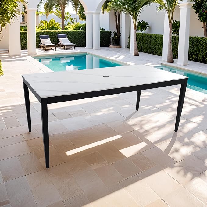 Luxury Outdoor Aluminum Dining Table for 6-8, Rectangular Patio Table with White Marble Pattern Sintered Stone Top, Post Tapered Legs for Garden, Lawn, Weatherproof & Rust-Free