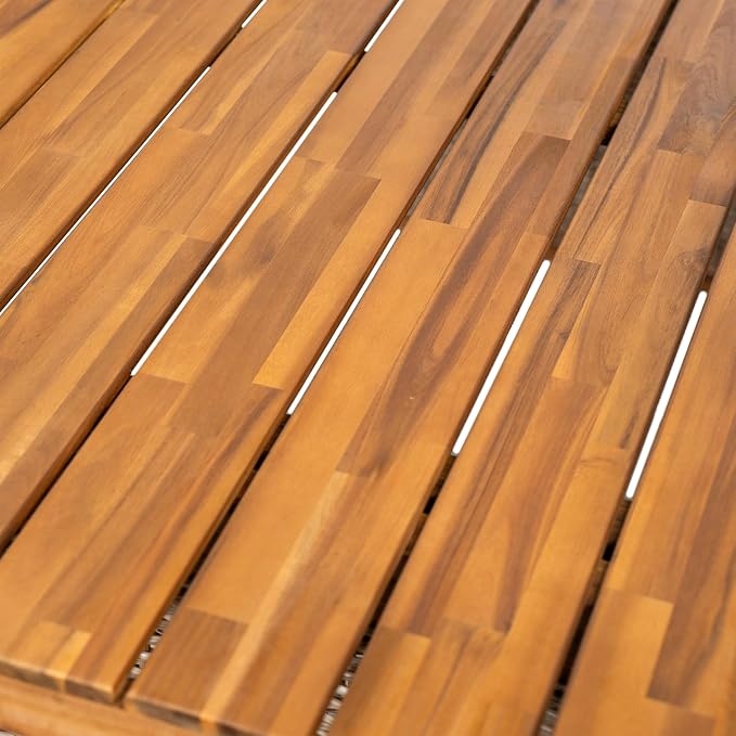 Christopher Knight Home Shuri Patio Acacia Wood Dining Table, Slatted Tabletop Outdoor Side Table with Handwoven Rattan Legs, Rectangular Outdoor Dining Table for Backyard/Garden, Brown + Teak