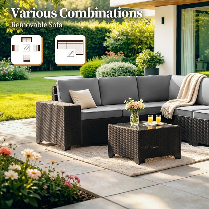 Patio Furniture Set 6 Pieces Outdoor Sectional Sofa Set,PE Rattan Wicker Patio Conversation Set with Thickened Cushions and Glass Coffee Table,Grey