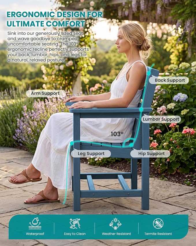 SERWALL 59" HDPE Outdoor Dining Set for 6, w/ 1 Table & 6 Armchairs, Blue | All Weather Resistant HDPE Dining Sets for Patio, Garden, Backyard