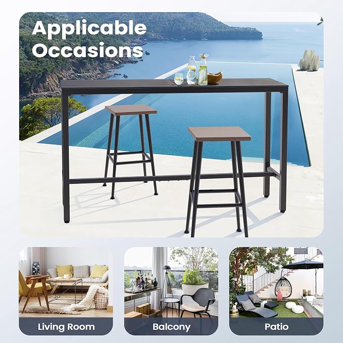 Outdoor Bar Table 63" All-Weather Patio Bar Table with Metal Frame and Waterproof Wood-Like Tabletop Outdoor Console Table for Balcony Yard Garden Bistro Hot Tub Use(Black)
