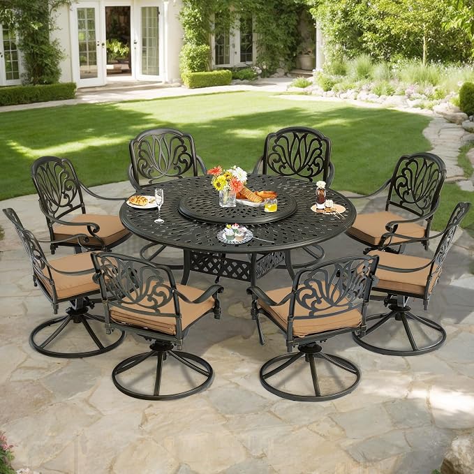 MEETWARM 61" Round Cast Aluminum Patio Dining Table, Weather-Resistant Large Outdoor Dining Table for 8 Person, Patio Furniture Table with Umbrella Hole and Adjustable Foot Pads, Dark Bronze