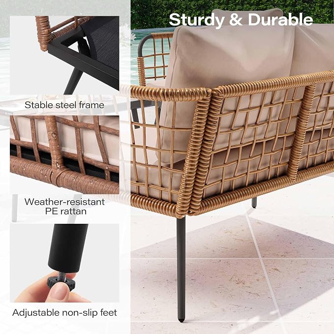LAUSAINT HOME 4 Pieces Outdoor Patio Furniture Set, Rattan Balcony Furniture with Coffee Table, Patio Conversation Set with Soft Cushions for Patio, Porch, Balcony and Backyard