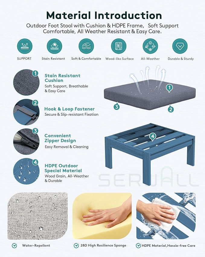 SERWALL HDPE Outdoor Ottoman with Cushions