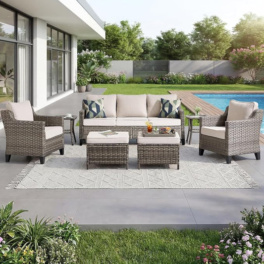 Luxury Patio Furniture Sofa Set - 7 Pieces All Weather Wicker Outdoor Couch and High Back Patio Chairs with Sofa & footstools for Deck Yard and Poolside Gray Wicker | Beige Cushions