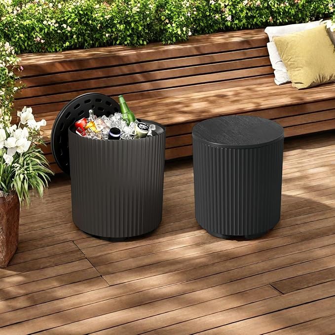 Patio Table, 2 PCS Ice Chest Storage, Portable Outdoor Bucket Cooler, 16.65in Outdoor Cooler Side Table - 2 in 1, Ice Chest Side for Parties Picnics Beach, Black