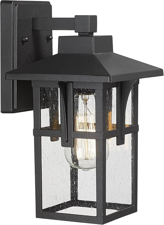 HWH INVESTMENT Outdoor Indoor Wall Sconce Exterior Wall Lantern with Seeded Glass Shade, Waterproof Porch Light Fixtures for Doorway, Hallway, Garage, Matte Black, 5HX62B BK