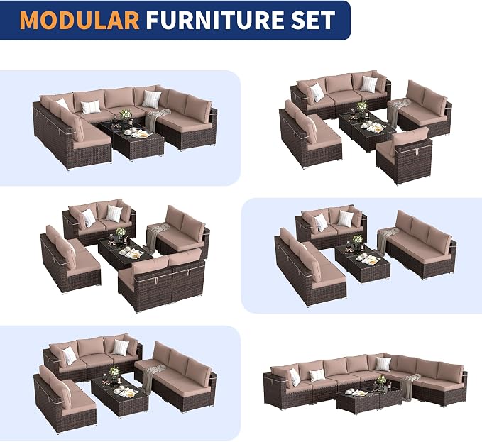 Patio Furniture Set, Modular 10-Piece Patio Conversation Sets with Coffee Table, All-Weather Wicker Outdoor Sectional for Backyard and Balcony, Beige (Waterproof Covers Included)