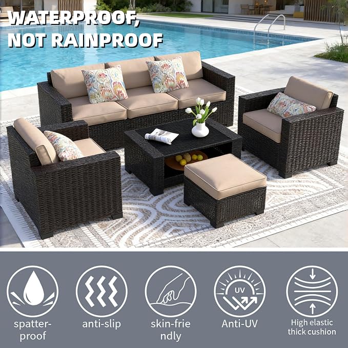 SHGJ&SOFT 7 Piece Outdoor Patio Furniture Set, Wicker Outdoor Sectional Sofa with Washable Cushion Covers and Tempered Glass Table, Rattan Conversation Set for Poolside,Balcony, Porch,Garden