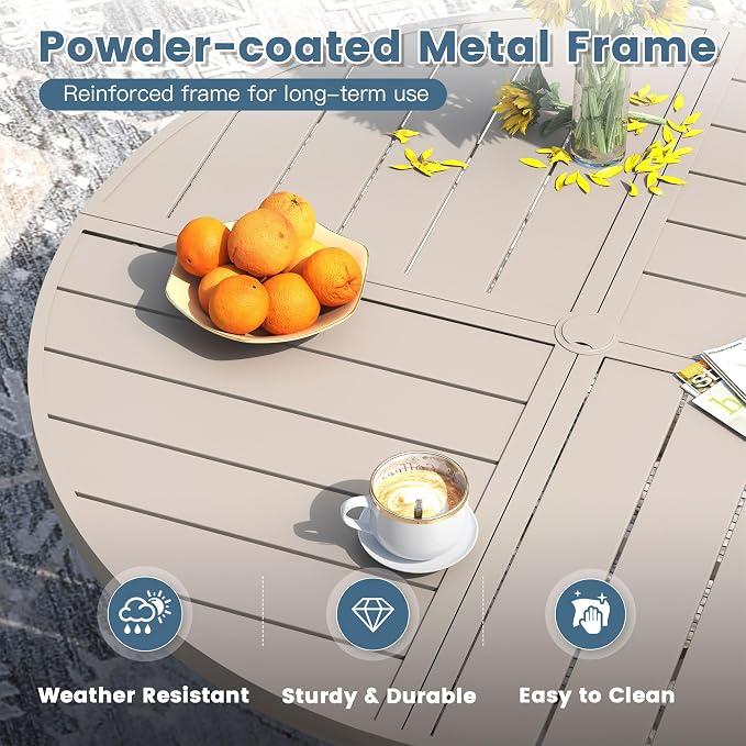 DIFY 50" Round Outdoor Patio Dining Table for 6, All-Weather Metal Steel Slatted Patio Table with 1.57" Adjustable Umbrella Hole, for Lawn Garden Porch Backyard, Sandshell