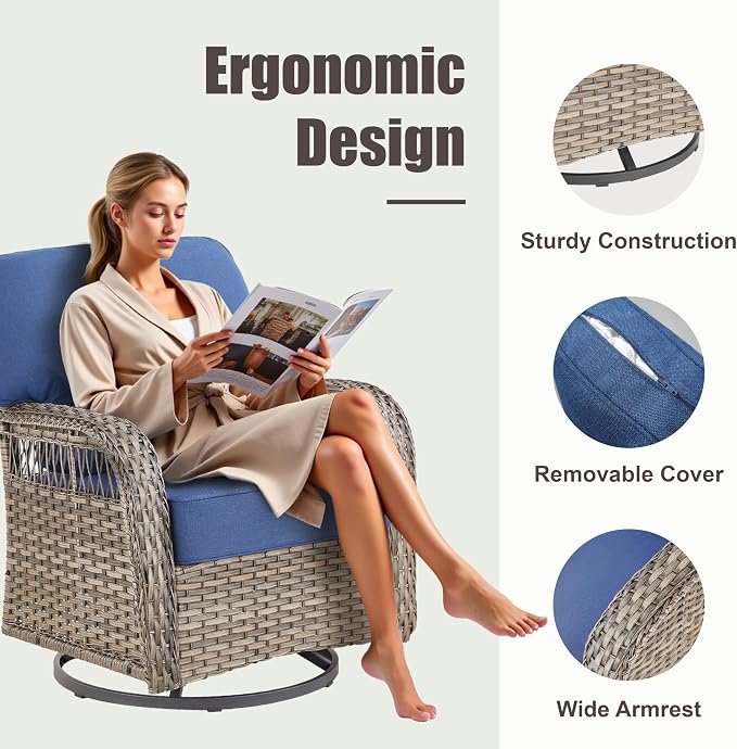 5 Pieces Patio Furniture Set with Swivel Chairs, Wicker Swivel Rocker Patio Chairs Rattan 3 Seater Sofa with Ottomans, Outdoor Seating Furniture for Balcony Sunroom Porch Backyard, Blue