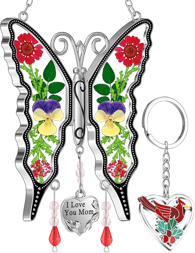 KY&BOSAM Butterfly Suncatcher I Love You Mom Gifts Window Hanging Decor | Wind Chimes,Metal,Pressed Flower ,Glass and Charm,Gifts for Mom Mother's Day Valentine's Birthday Thanksgiving Christmas