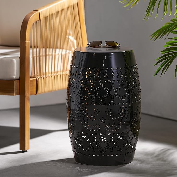 12" Outdoor Side Table, Metal Cutout Drum Side Table, Patio Garden Stool | Coffee End Tables for Small Spaces, Living Room, Backyard, Poolside