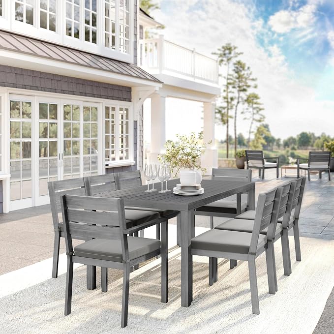 Martha Stewart Bedford 71" Indoor-Outdoor Aluminum Patio Table with Umbrella Hole and Brushed Woodgrain Finish in Gray