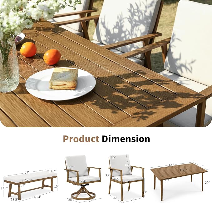 6-Person Outdoor Table Set with Chairs & Bench, 6-Piece Outdoor Rectangular Dining Table with Umbrella Hole, Rust-Resistant Faux Wood Grain Patio Table Set for Garden Backyard Poolside, Teak