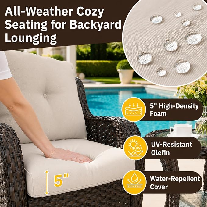 HUMMUH 3-Piece Swivel Rocking Rattan Chair Outdoor, Patio Bistro Furniture Conversation Set, Cushioned Wicker Chair with Glass Coffee Table (Brown, Beige)