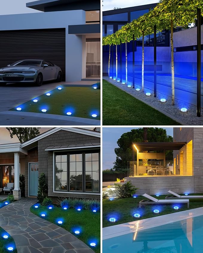 btfarm 4 Pack Solar Lights Outdoor, 8 LED Solar Ground Lights IP65 Waterproof Flat Solar Disc Light, Pathway Lights for Garden Lawn Patio Yard Path Landscape, Blue