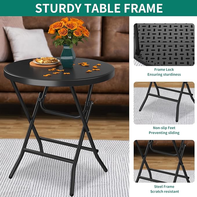 YITAHOME Portable Round Folding Table, 32 Inch Round Table with 1.57" Thick HDPE Tabletop and Strong Metal Frame for Patio, Backyard, Dining Room, Parties and Events, Black